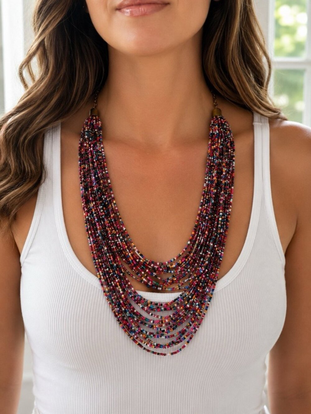 Vintage Natasha Multicolor 30 Strand Glass Seed Bead Statement Necklace 20”-24”